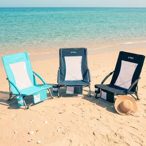 Low Folding Beach Chairs for Adults, Portable Lightweight Sling Beach Camping Chair with Cup Holder,Armrest,Foldable Camp Lawn Chair for Outdoor Sand Concert Travel Sport Events