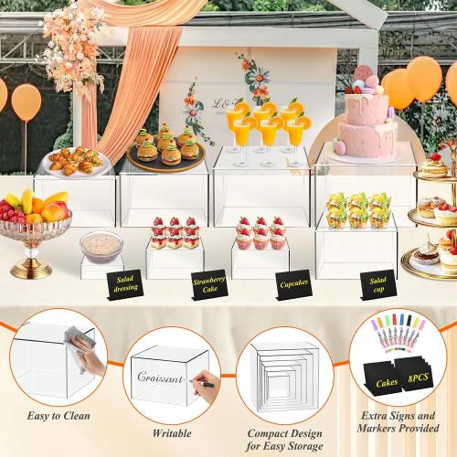 8 Pcs Clear Acrylic Buffet Risers with Mini Sign and Maker,Buffet Risers and Stands Clear Food Display Risers for Buffet Table Party Catering Dessert Cupcake Collectibles (8 7 6 5 5 4 4 3)