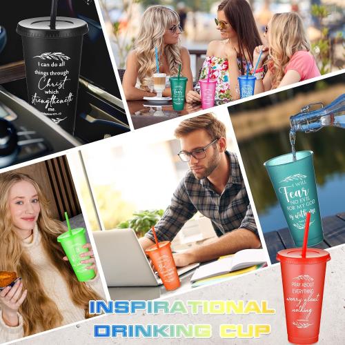 Havawish 24 Pcs Inspirational Christian Gift Bible Verse Tumbler Bulk 24 oz Drinking Tumblers with Lid Straw Religious Plastic Cup for Christmas Appreciation Day Women Men Sunday School (Colour)