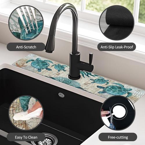24 X 5.5 Kitchen Sink Splash Guard Faucet Mat Sea Turtles Super Absorbent Fast Drying Faucet Guard & Draining Mat Sink Splash Guard Behind Faucet for Kitchen, Bathroom