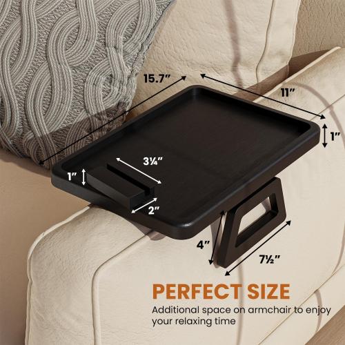 Acacia Wood Sofa Armrest Tray - Large Sofa Arm Tray Clip - Couch Arm Table for Wide Couches - Wooden Side Tables for Small Spaces for Eating and Drink (Black, Large)