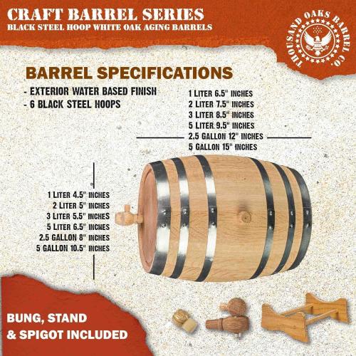 1 Liter Oak Aging Barrel with Wood Stand, Bung & Spigot - Mini Whiskey Barrels for The Home Alcohol Distiller, Moonshiner & Winemaker - Age Cocktails, Bourbon, Whisky, Tequila, Rum, Mead Wine (1L)