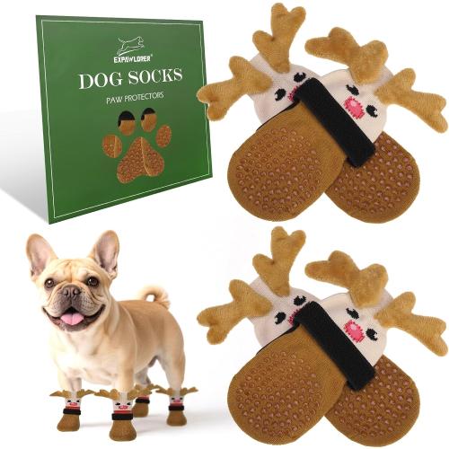 EXPAWLORER Christmas Anti Slip Dog Socks to Prevent Licking Paws, Boots & Paw Protectors with Grippers,Doggie Booties for Hardwood Floors for Large Senior Dogs Lifelike Costume Reindeer large
