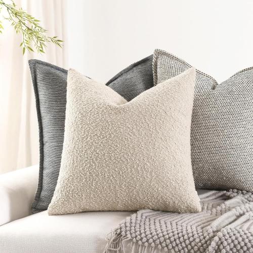 Boucle Decorative Throw Pillow Covers for Couch Set of 2, 16x16 inches, Beige
