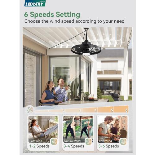 LEDIARY 20 Outdoor Ceiling Fan with Lights,IP65 Waterproof Gazebo Hanging Fan with Remote Control Smart App, Plug in Caged Ceiling Fan with 3CCT 6-Speeds for Patio Porch Pergola(Black)