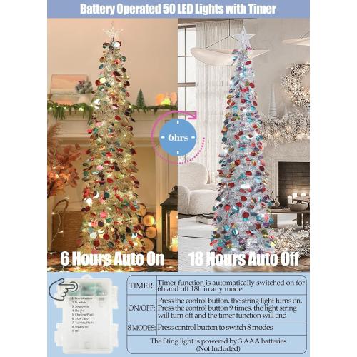HMASYO 5 FT Pop Up Christmas Tree with Timer Lights, Silver Christmas Tinsel Tree, Collapsible Artificial Pencil Christmas Tree for Indoor Home Apartment Porch Holiday Party Decorations