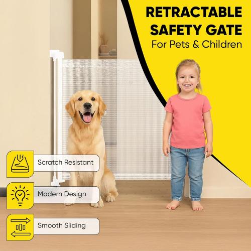 Retractable Baby Gate – 35 Tall, 55 Wide Mesh Safety Gate for Dogs & Babies, Indoor/Outdoor Use for Stairs, Doorways, Hallways, Deck & Porch – Easy One-Handed Wall Mount Design