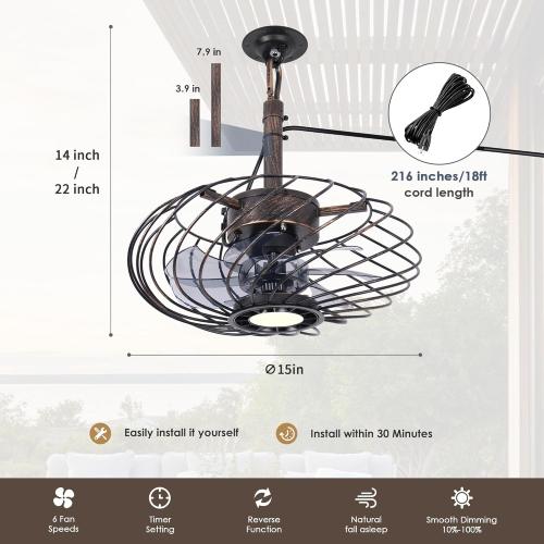 Black Gold 15 Outdoor Ceiling Fan with Light, Waterproof Gazebo Fan Remote Control, Dimmable LED Light, Hanging Black Caged Ceiling Fixtures with Plug in Cord for Patios Pergola, Black Gold