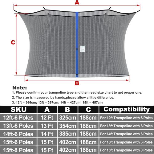 Trampoline Net Replacement for Straight Pole,12ft 13ft 14ft 15ft Round Frame Safety Enclosure Net UV-Resistant Weather-Resistant Breathable Durable Net with Adjustable Straps(Net Only)
