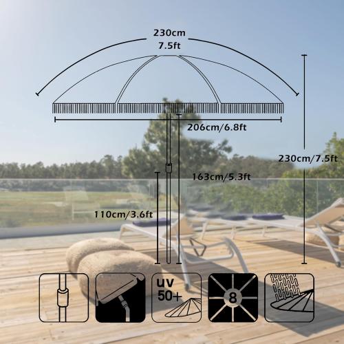 7.5ft Patio Umbrella with Fringe, Beach Umbrella, Fringe Umbrella Outdoor Patio with Hanging Hook, Tilting Aluminum Pole, UV 50 , Fiberglass Ribs, Blue White Stripe
