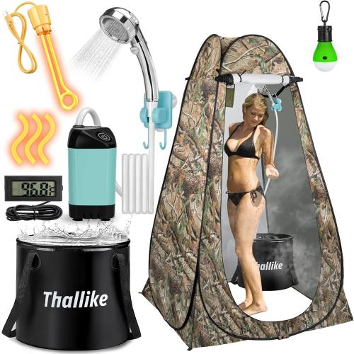 Portable Hot Shower Tent Kit - Immersion Heated 1000W, Rechargeable Pump, Pop-Up Tent for Adults Outdoor, 6.6 Gallon Folding Bucket