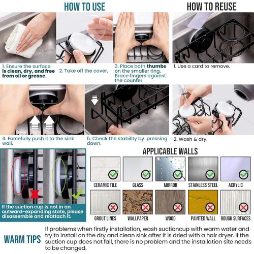TAILI Sponge Holder with Strong Suction Cup, 4-in-1 Rustproof Sink Organizer - Sink Caddy Holds Sponges, Brushes, Stoppers & Scrapers - Black