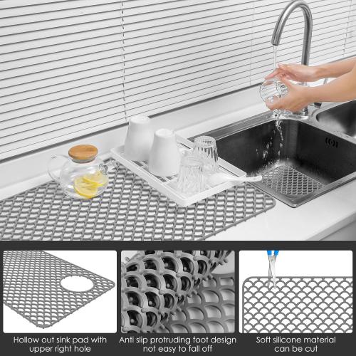 Silicone Sink Protector with Right Drain Hole,28x15inch Nonslip Silicone Sink Mat,Heat Resistant Sink Protector Mat, Hollow Out Sink Mats,Silicone Sink Protector for Kitchens(grey)