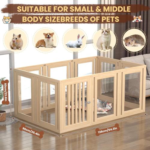 10 Panels Dog Playpen with Door, 23.6 H Pet Playpen Indoor, Clear Acrylic Puppy Playpens, Wooden Puppy Fence with Gate, Transparent Dog Pens, Pet Pen Indoor for Dogs, Cats, Rabbit (Wood)