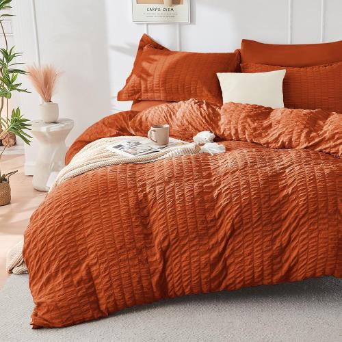 HYMOKEGE Burnt Orange Queen Comforter Set Seersucker 7 Pieces, All Season Luxury Bed in a Bag for Bedroom, Bedding Set with Comforters, Sheets, Pillowcases & Shams