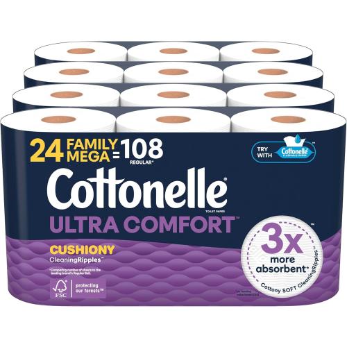 Cottonelle Ultra Comfort Toilet Paper with Cushiony CleaningRipples Texture, Strong Bath Tissue, 24 Family Mega Rolls = 108 Regular Rolls (4 Packs of 6)