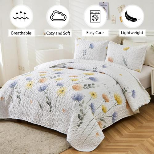 Dinjoy Floral Quilt Set Queen 3 Pieces Blue & Yellow Quilts Bedding Set Bohemian Bedspread Bed Cover Lightweight Spring Summer Beds Coverlet for All Season(96x90)