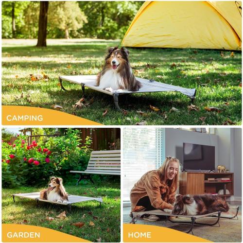 Daisy Cot, Large Foldable Elevated Dog Bed, Portable Raised Outdoor Folding Dog Cot, Cooling, Chew Proof, Waterproof, Heavy Duty Up to 160 Lbs for Camping/Home, Tan, 43x27x7”