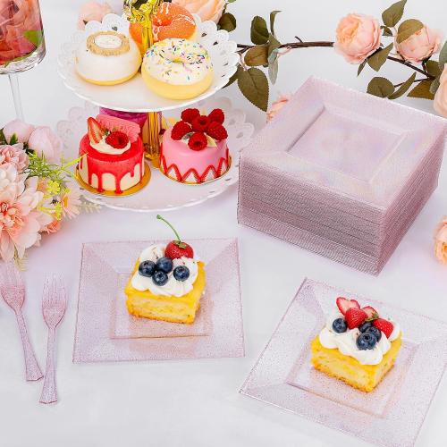 200 Pcs Pink Dessert Plates Including 100Pcs Appetizer plates 6'',100Pcs Plastic Forks 5.7'',Rose Glitter Plastic Square Plate for Wedding,Pink Salad plates and Cake forks for Birthday Party