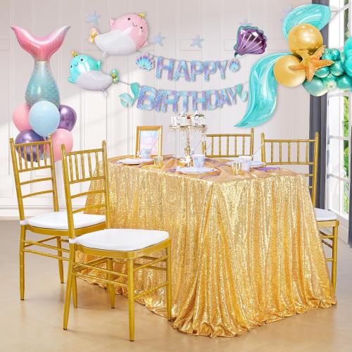 Glitter Gold Tablecloth for Parties 90x156 Inch Rectangle Sequin Fabric | Table Cloth for Wedding Birthday Banquet, Seamless ONE-PIECES, Sparkly 3MM sequin, Serged Edges No Falling, for 6-10FT Table