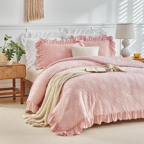 Tufted Ruffle Comforter Set Twin Size, Blush Pink Ruffled Farmhouse Comforters, Luxury Solid Soft and Embroidery Shabby Chic Boho Bohemian Bedding Set for Girls