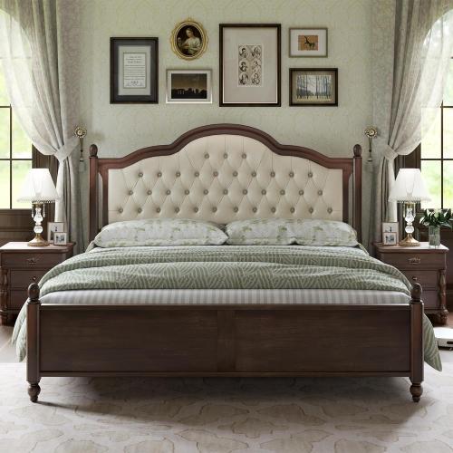 AMERLIFE Size Queen Color brown  Solid Wood Bed Frame Queen Size, Transitional Platform Bed with 52.5 Upholstered Tufted Headboard, Rubberwood/Roman Column Accents/Wood Slat Support/No Box Spring Needed