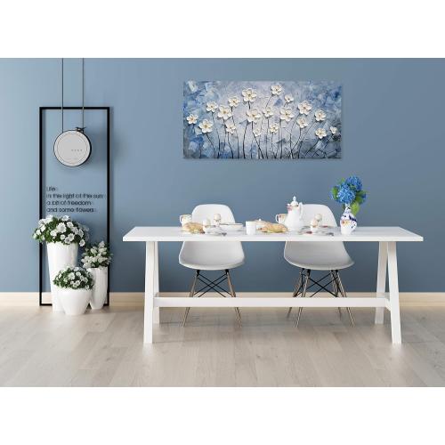 YHSKY ARTS 3D Hand - Painted White Floral Wall Art with Printed Blue Background, Textured Flower Decor for Home