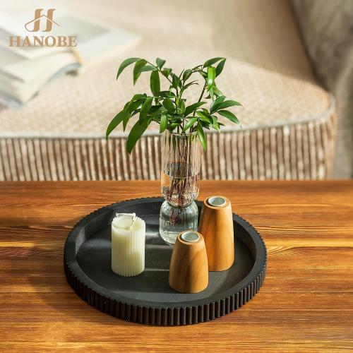Hanobe Black Decorative Coffee Table Tray, Scalloped Edge | 12 round wood centerpiece tray, ideal for living room, entryway table, kitchen island, fits modern decor.
