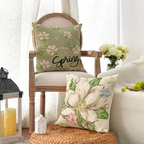 AVOIN colorlife Spring Mangnolia Green Throw Pillow Covers, 18 x 18 Inch Hello Sunshine Vases Cushion Case Decoration for Sofa Couch Set of 4
