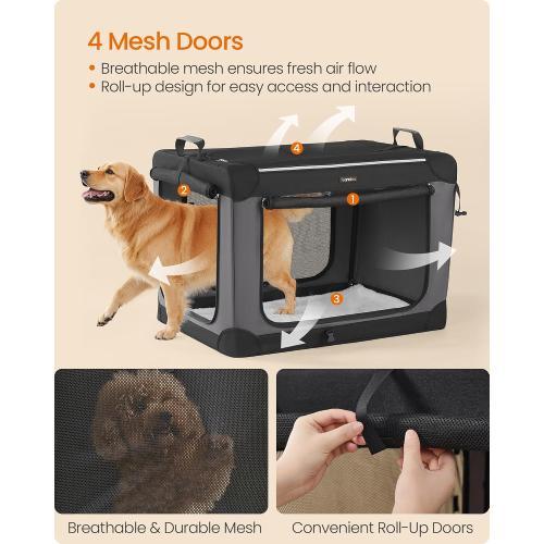 Feandrea Collapsible Dog Crate, Portable Dog Travel Crate for Large Dogs, Oxford Fabric Pet Carrier with 4 Mesh Doors, Handles, Storage Pocket, Water Bottle Holder, Ink Black UPDC019B01