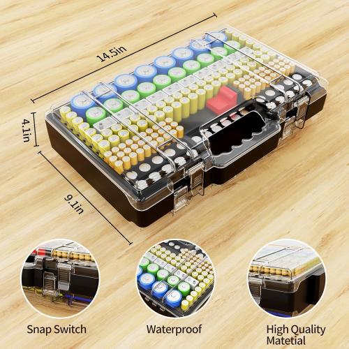 Battery Organizer Storage Holder Box Case with Tester, Ultra-Large 280  Batteries Double-Sided Variety Pack,Holds AA AAA 4A C D Cell 9V 3V Lithium18650 LR44 CR2 CR123 CR1632 - Black