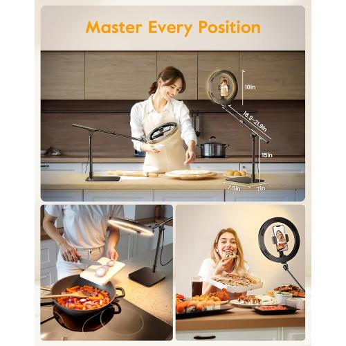 Ring Light with Stand for Desk,Adjustable Overhead Phone Mount with 10 Ring Light Tripod for iPhone,Phone Tripod with Light and Remote Phones Holder for Video Recording,Live Stream,Cooking Video