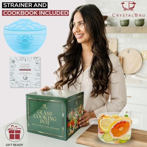 2L Clear Glass Simmer Pot with Lid & Strainer | Heat-Resistant Borosilicate Glass Pot for Pasta, Soup, Baby Food & Milk | Electric Simmer Tool for Home Fragrance | Anti-Scald Handles Missing Tap