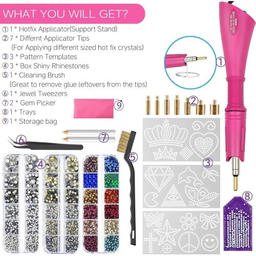 Hotfix Rhinestones Applicator Kit with 4500 Crystals (White, AB, Multi-Color) Includes 19 Pattern Templates, Tweezers, Brush & Storage Bag for Clothes, Fabric, Jeans (Pink)