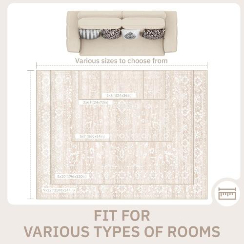 Size 8x10 Color White Area Rugs for Living Room, Stain Resistant Washable Rugs for Dining Room, Kitchen, Floral Vintage Non-Slip Thin Large Beige Rug