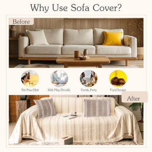 Beige,71''x102'' Couch Cover for Dogs Washable Sofa Cover, Sectional Couch Covers, Sofa Covers for 2 Cushion Couch, Non Slip Stripe Sofa Slipcovers Furniture Protector, Couch Protector from Cat Claws, Beige,71''x102'