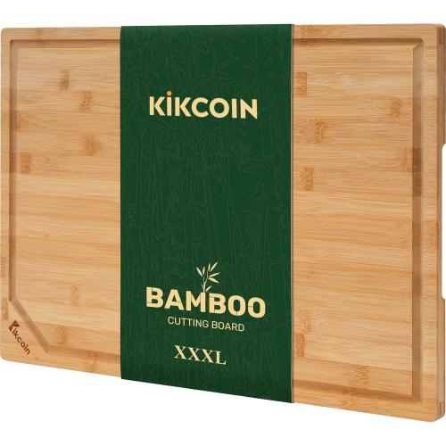 Kikcoin 24”×18” Bamboo Cutting Boards for Kitchen, Wooden Healthy Cutting Boards for Charcuterie, Vegetables, Cheese, Bread, Extra Large Chopping Boards with Deep Juice Groove and Handle, Natural