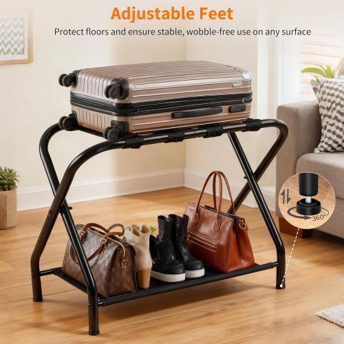 Heybly Luggage Rack for Guest Room, Pack of 2, Steel Folding Suitcase Stand with Storage Shelf for Bedroom, Hotel, Foldable Steel Frame, Guest Room 26.2 L x 14.4 W x 20.5 H, Black HLR004B2