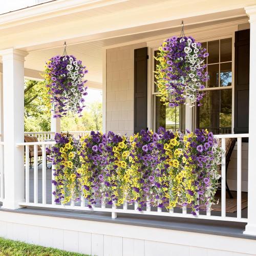 Fake Artificial Flowers for Outdoors, 4 Pcs Faux Hanging Pansy Flowers Spring Summer Decor, UV Resistant Fake Plants Silk Flower for Planter Front Door Porch Patio Yard Garden(Purple Yellow White)