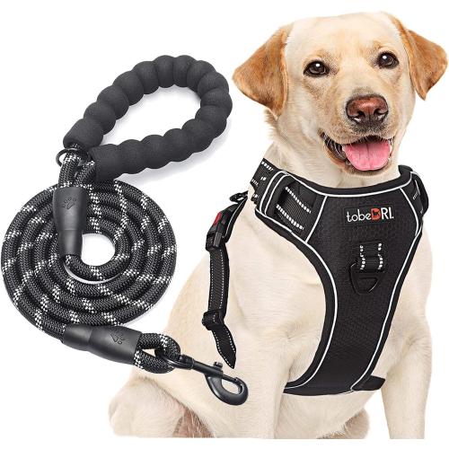 tobeDRI No Pull Dog Harness Adjustable Reflective Oxford Easy Control Medium Large Dog Harness with A Free Heavy Duty 5ft Dog Leash, Black, S
