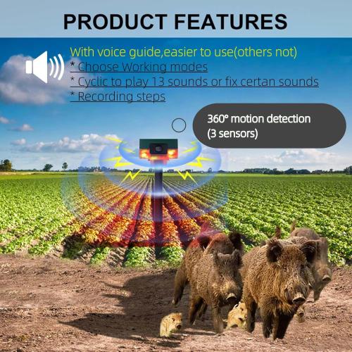 HULPPRE Solar Outdoor Motion Sensor Alarm-Dog Barking&Gunshot Sound,130db Loud Noise Maker,Support Recording,13 Kinds of Sound Strobe Light with USB,Say Goodbye to The Intruders