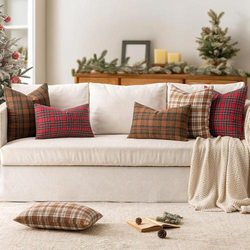 MIULEE Fall Set of 2 Scottish Tartan Plaid Throw Pillow Covers Farmhouse Classic Decorative Outdoor Square Cushion Cases for Halloween Thanksgiving Decor Sofa Couch 18x18 Inch, Brown and White