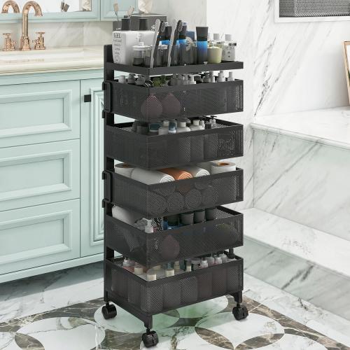 Rolling Rotating Storage Cart No Assembly Required，Bathroom Shelf Fruit and Vegetable Basket for Kitchen,Storage Drawer Organizer Cart ，Metal Utility cart on Wheels(Black, 5 Tier-Square)