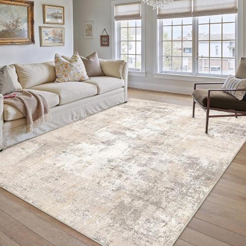 10x14 Area Rug Beige Grey Abstract Living Room Bedroom Washable Carpet Neutral Modern Non Slip Soft Low Pile Indoor Large Throw Rug for Dining Room Office