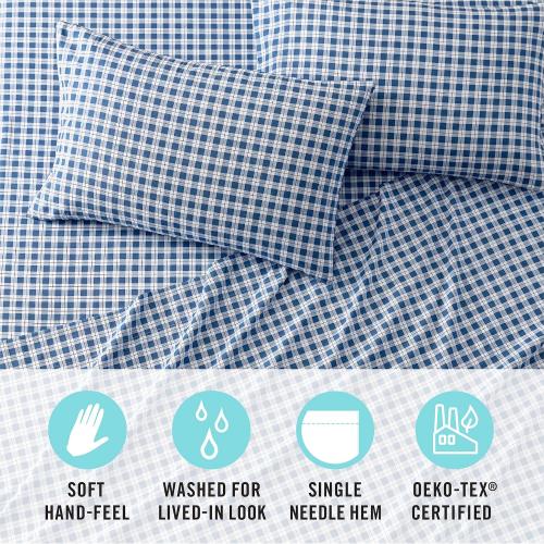 Martha Stewart Ultra Soft Brushed and Washed Microfiber 4 Piece Sheet Set, Easy Care, Comfy Bed Sheets with Deep Pocket, 1 Flat Sheet, 1 Fitted Sheet, 2 King Pillowcases, King Size, Navy Blue