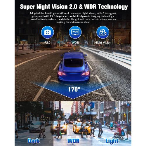 Dash Camera for Cars,4K Full UHD Car Camera Front Rear with 32GB Card,Built-in Super Night Vision,2.0'' IPS Screen,170°Wide Angle,WDR, 24H Parking Mode, Loop Recording.