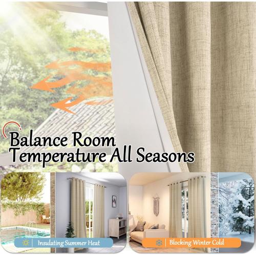 Faux 100% Blackout Curtains for Bedroom 63 Inch Length 2 Panels, Thermal Insulated Total Light Blocking Noise Reducing Linen Window Curtains for Nursery, Bronze Grommet, Each 52 Wide, Burlap
