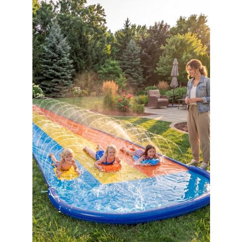 Sloosh Triple Water Slide with 3 BodyBoards, 18FT Lawn Slip Water Splash Slide Summer Toy Splash Pad with Build in Advanced Sprinkler for Kids Adults Backyard Summer Water Fun