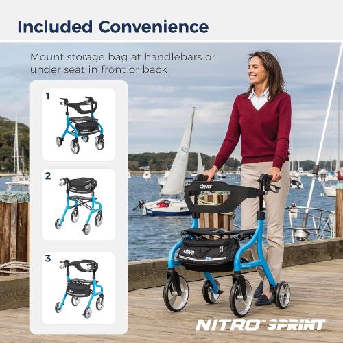 Drive Medical Nitro Sprint Foldable Rollator Walker with Seat, Standard Height Lightweight Rollator with Large Wheels, Folding Rolling Walker, Walker Rollator with Seat, Blue