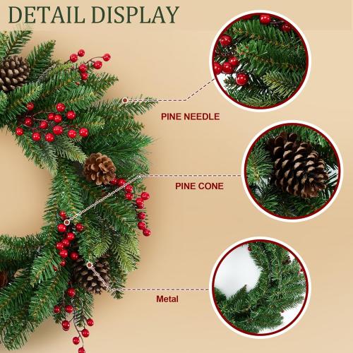 Large Outdoor Christmas Wreath, 24 Inch Christmas Wreaths for Front Door Outside, Farmhouse Indoor Winter Wreath Window, Home Decorations with Pine Cones, Red Berries, Evergreen Leaves